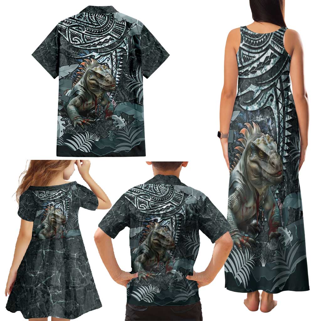 Hawaii Mo'o Lizard God Family Matching Tank Maxi Dress and Hawaiian Shirt Polynesian Style