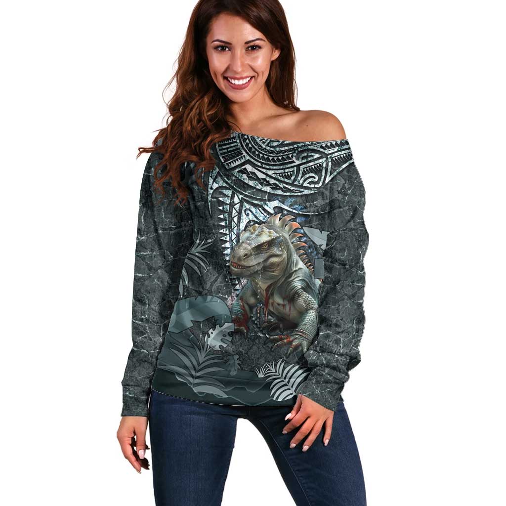 Hawaii Mo'o Lizard God Off Shoulder Sweater Polynesian Style