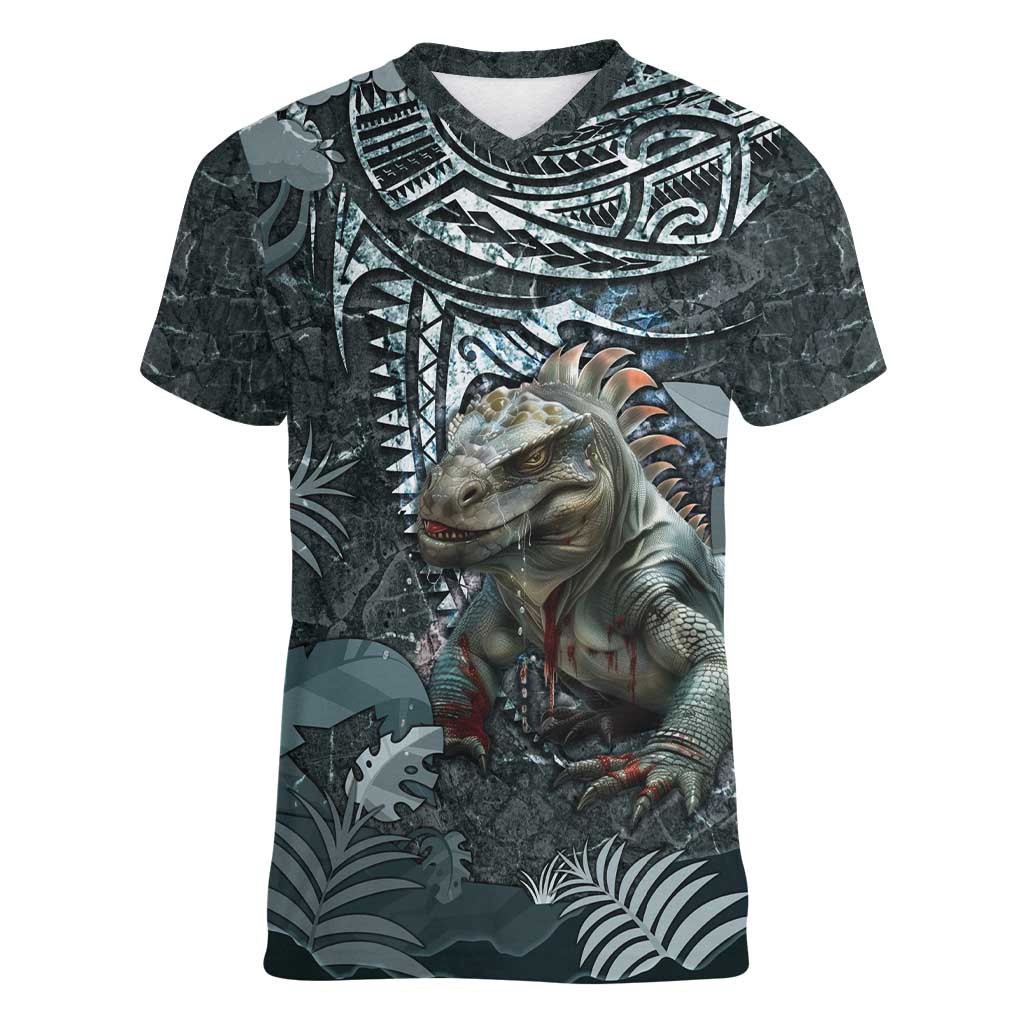 Hawaii Mo'o Lizard God Women V-Neck T-Shirt Polynesian Style LT05 Female Green - Polynesian Pride