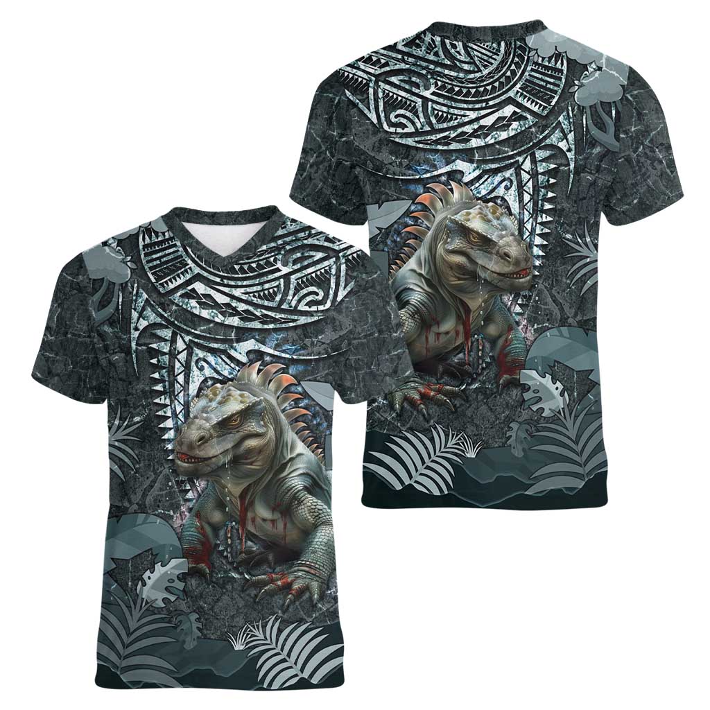 Hawaii Mo'o Lizard God Women V-Neck T-Shirt Polynesian Style LT05 - Polynesian Pride