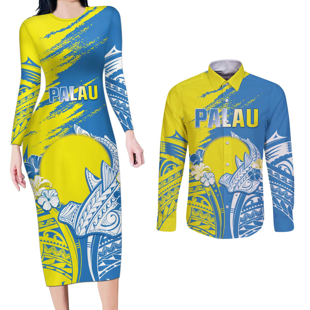 Palau Independence Day Couples Matching Long Sleeve Bodycon Dress and Long Sleeve Button Shirt Happy 30th Anniversary LT05 Blue - Polynesian Pride