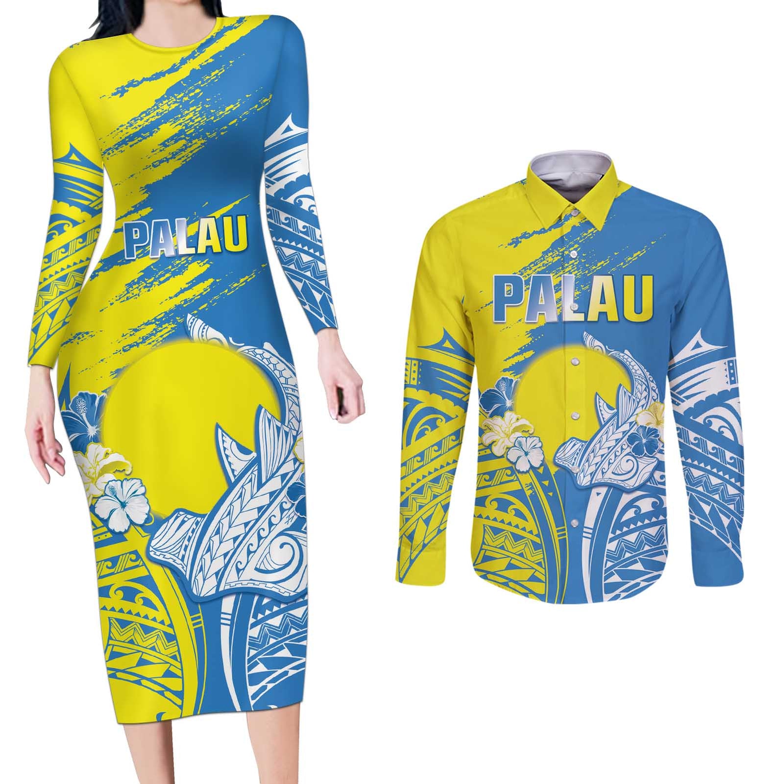 Palau Independence Day Couples Matching Long Sleeve Bodycon Dress and Long Sleeve Button Shirt Happy 30th Anniversary LT05 Blue - Polynesian Pride