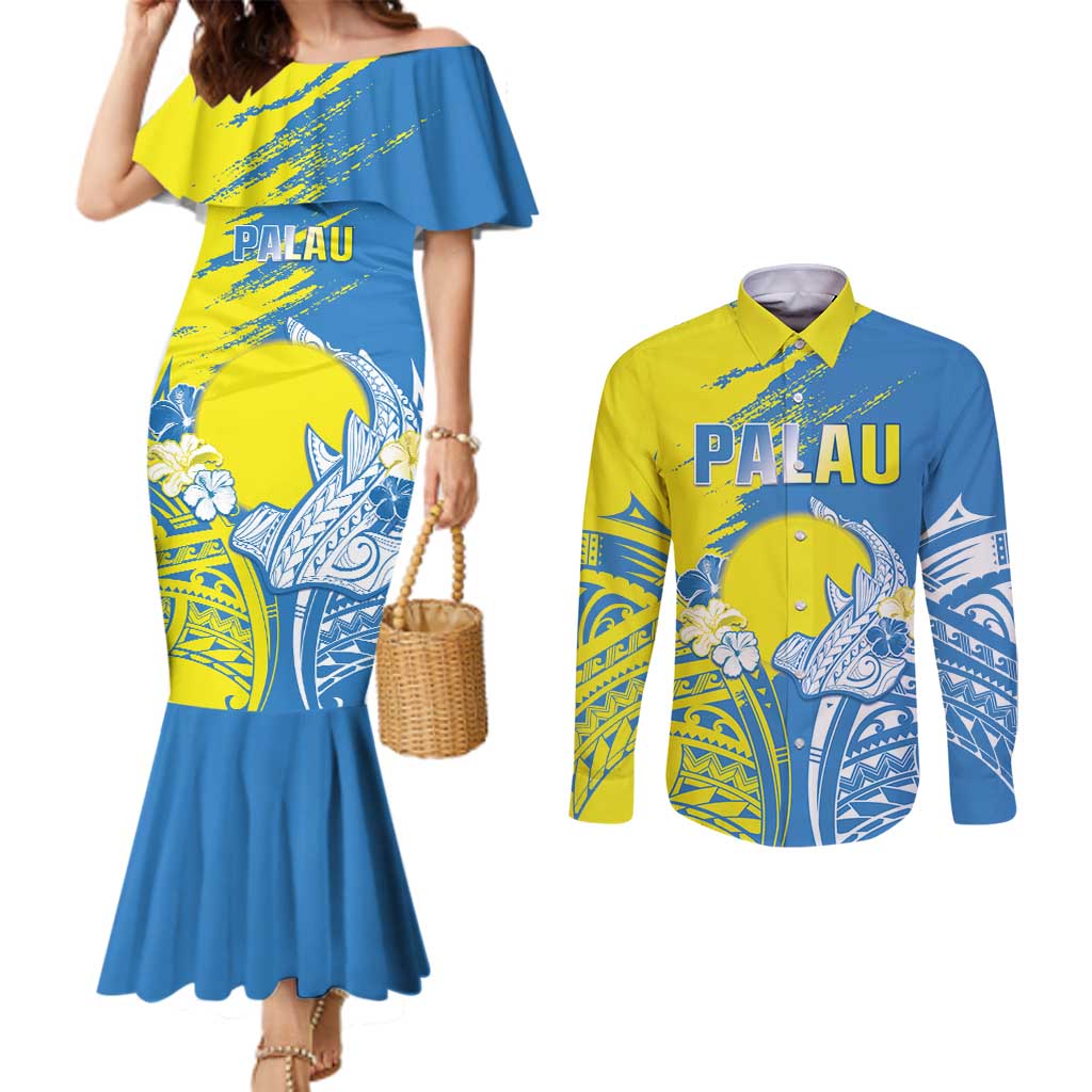 Palau Independence Day Couples Matching Mermaid Dress and Long Sleeve Button Shirt Happy 30th Anniversary LT05 Blue - Polynesian Pride