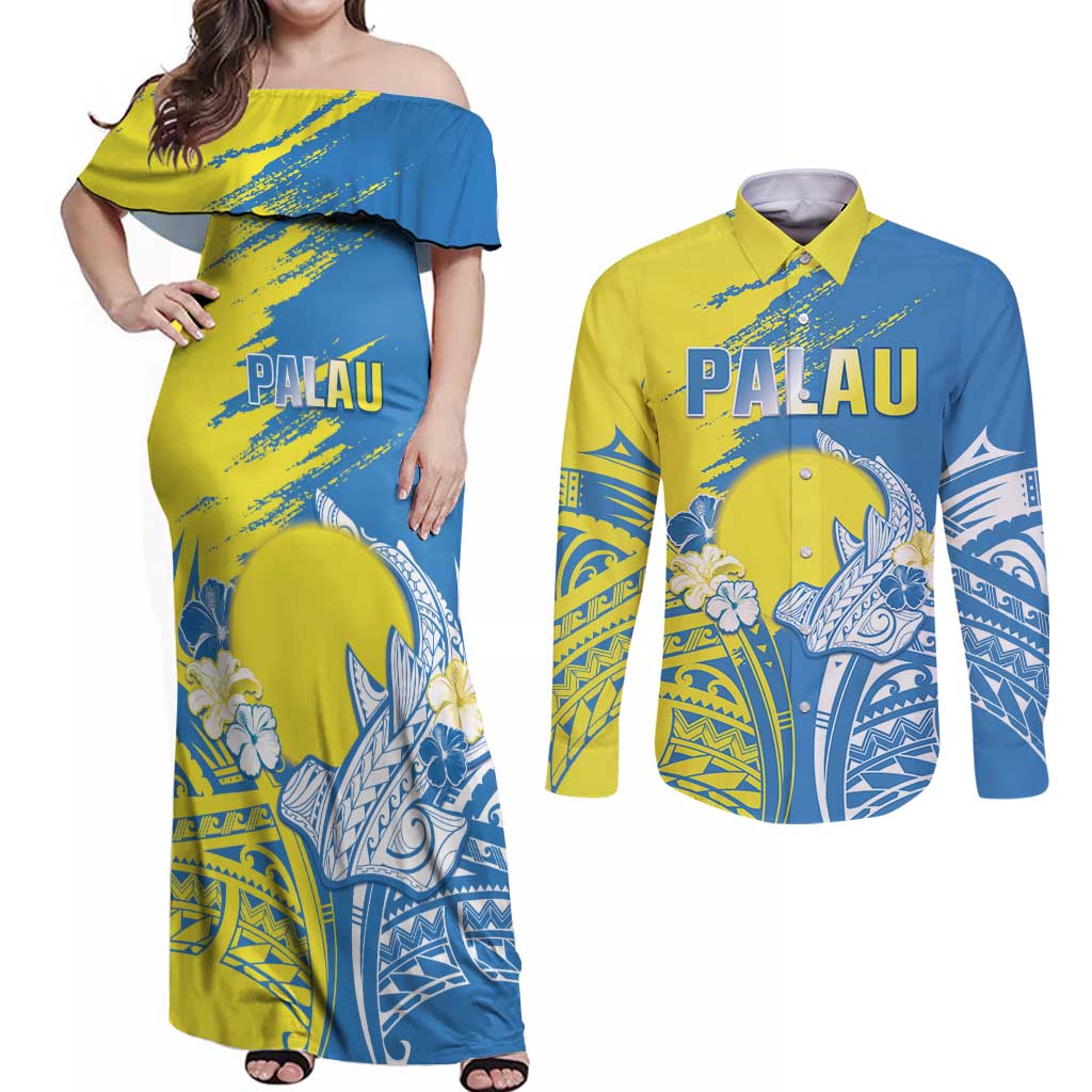 Palau Independence Day Couples Matching Off Shoulder Maxi Dress and Long Sleeve Button Shirt Happy 30th Anniversary LT05 Blue - Polynesian Pride