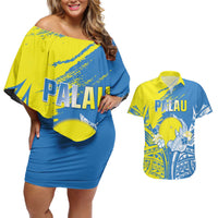 Palau Independence Day Couples Matching Off Shoulder Short Dress and Hawaiian Shirt Happy 30th Anniversary LT05 Blue - Polynesian Pride