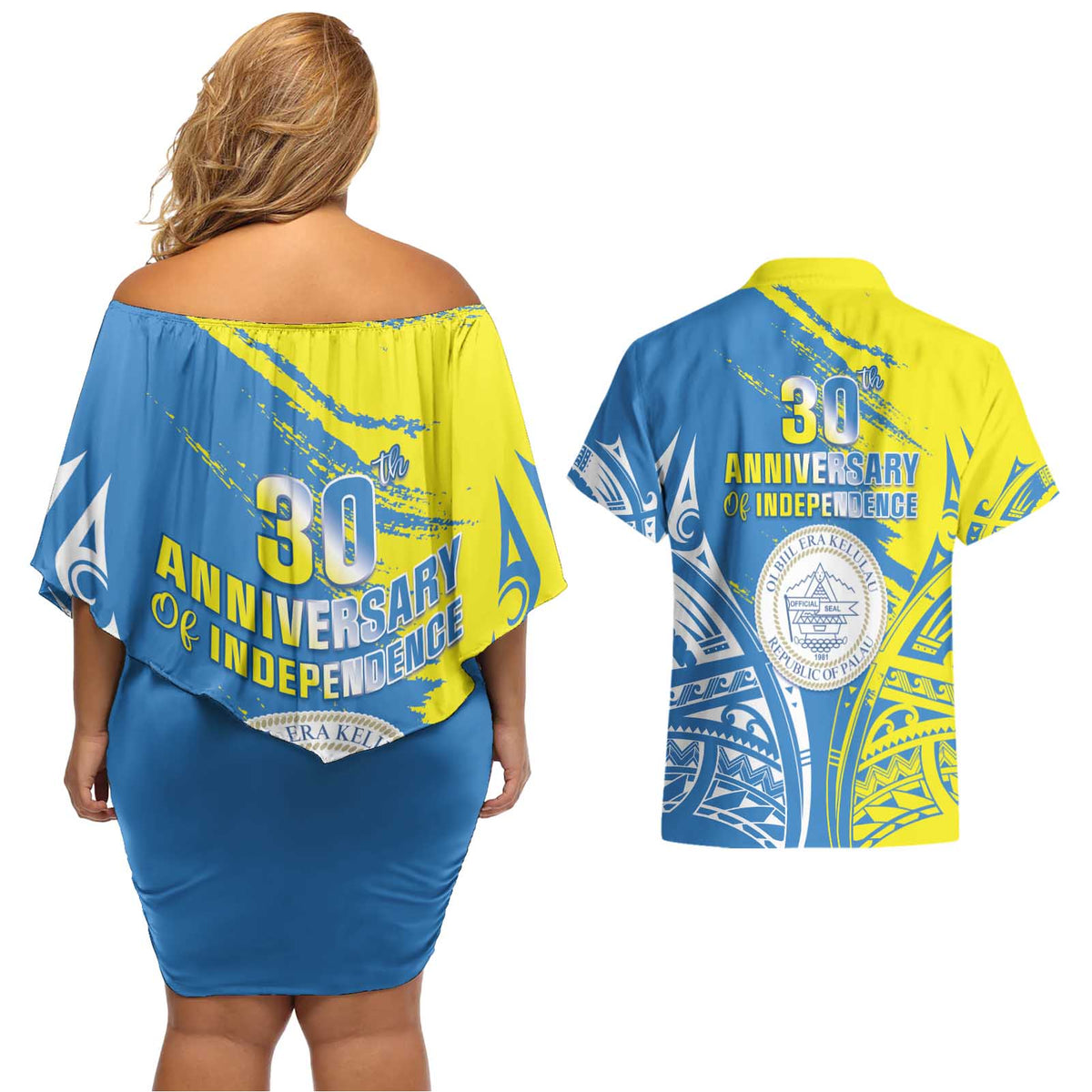 Palau Independence Day Couples Matching Off Shoulder Short Dress and Hawaiian Shirt Happy 30th Anniversary LT05 - Polynesian Pride