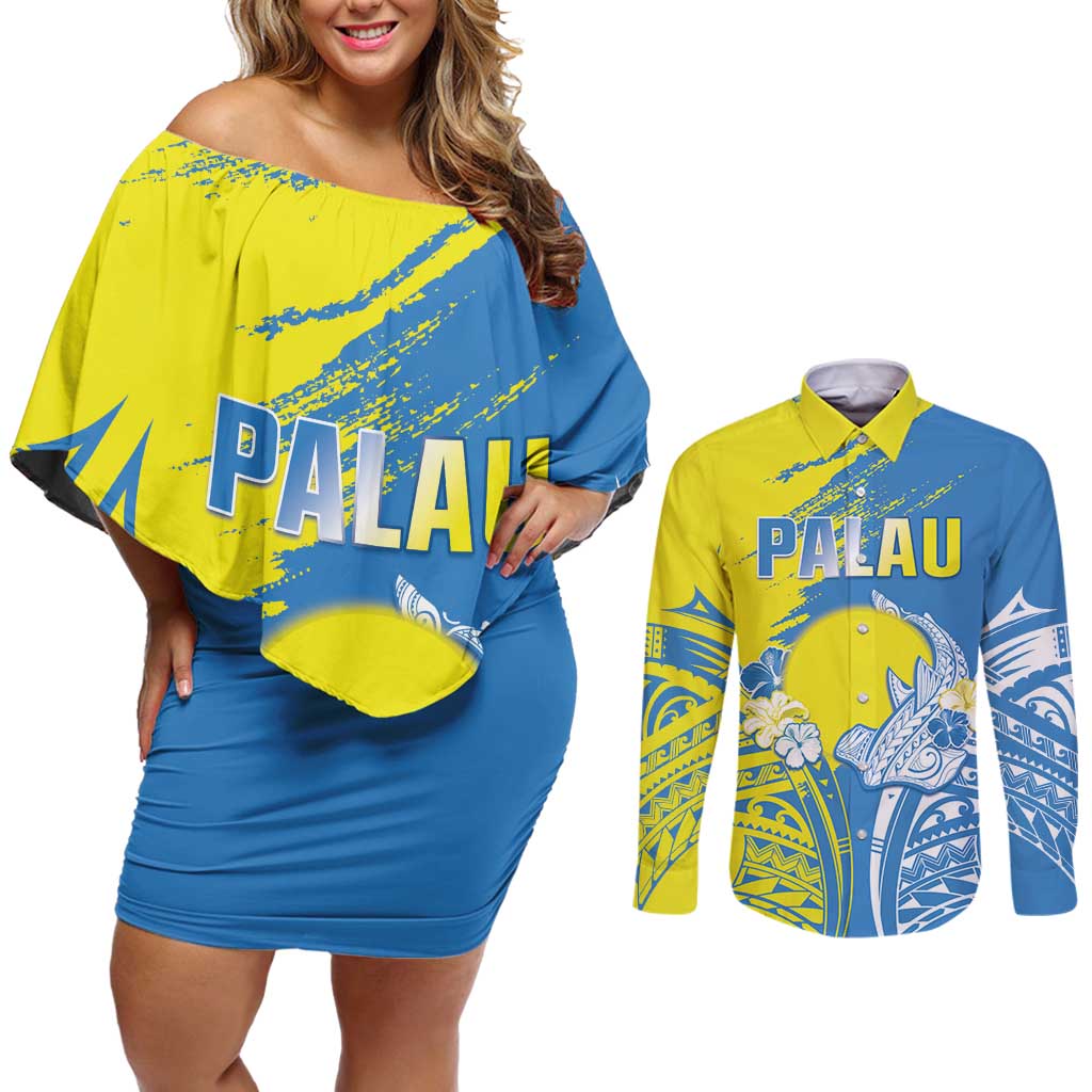 Palau Independence Day Couples Matching Off Shoulder Short Dress and Long Sleeve Button Shirt Happy 30th Anniversary LT05 Blue - Polynesian Pride