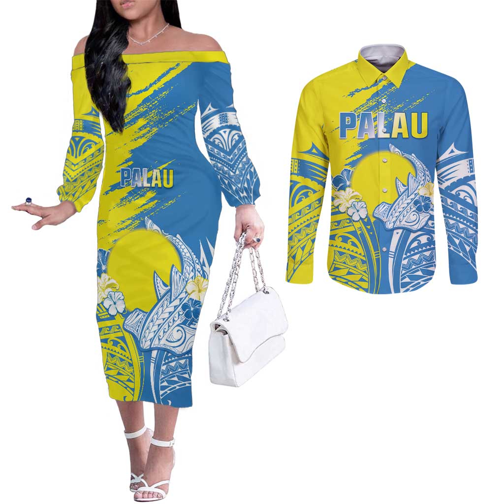 Palau Independence Day Couples Matching Off The Shoulder Long Sleeve Dress and Long Sleeve Button Shirt Happy 30th Anniversary LT05 Blue - Polynesian Pride