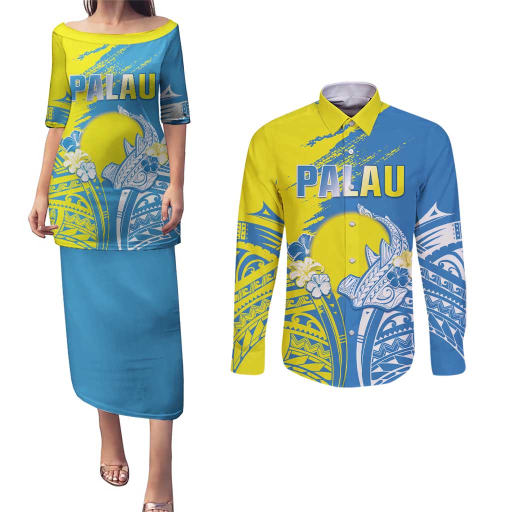 Palau Independence Day Couples Matching Puletasi and Long Sleeve Button Shirt Happy 30th Anniversary LT05 Blue - Polynesian Pride