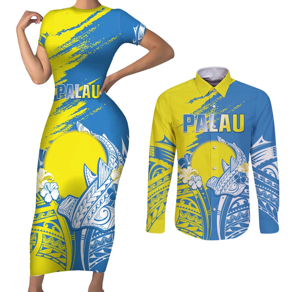 Palau Independence Day Couples Matching Short Sleeve Bodycon Dress and Long Sleeve Button Shirt Happy 30th Anniversary LT05 Blue - Polynesian Pride