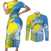 Palau Independence Day Couples Matching Short Sleeve Bodycon Dress and Long Sleeve Button Shirt Happy 30th Anniversary LT05 Blue - Polynesian Pride