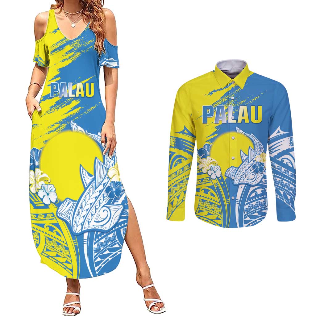 Palau Independence Day Couples Matching Summer Maxi Dress and Long Sleeve Button Shirt Happy 30th Anniversary LT05 Blue - Polynesian Pride