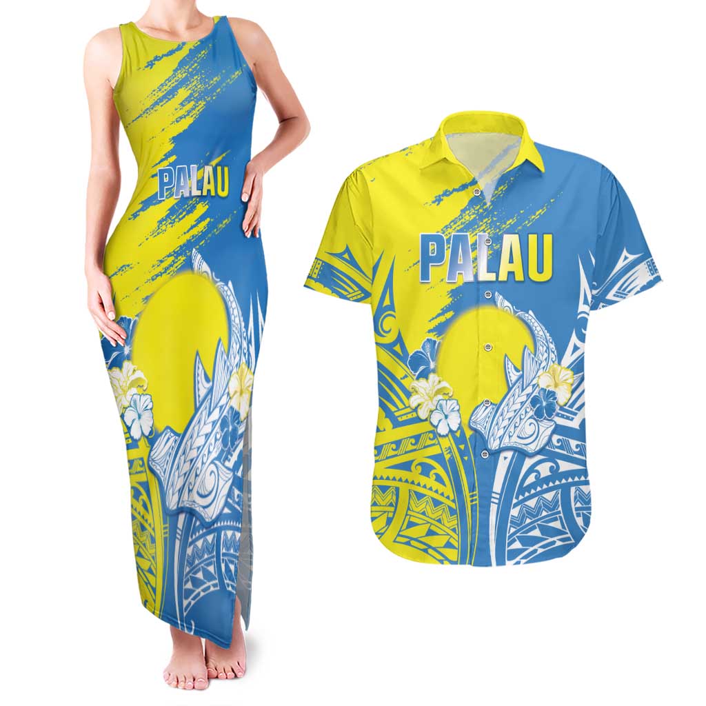Palau Independence Day Couples Matching Tank Maxi Dress and Hawaiian Shirt Happy 30th Anniversary LT05 Blue - Polynesian Pride