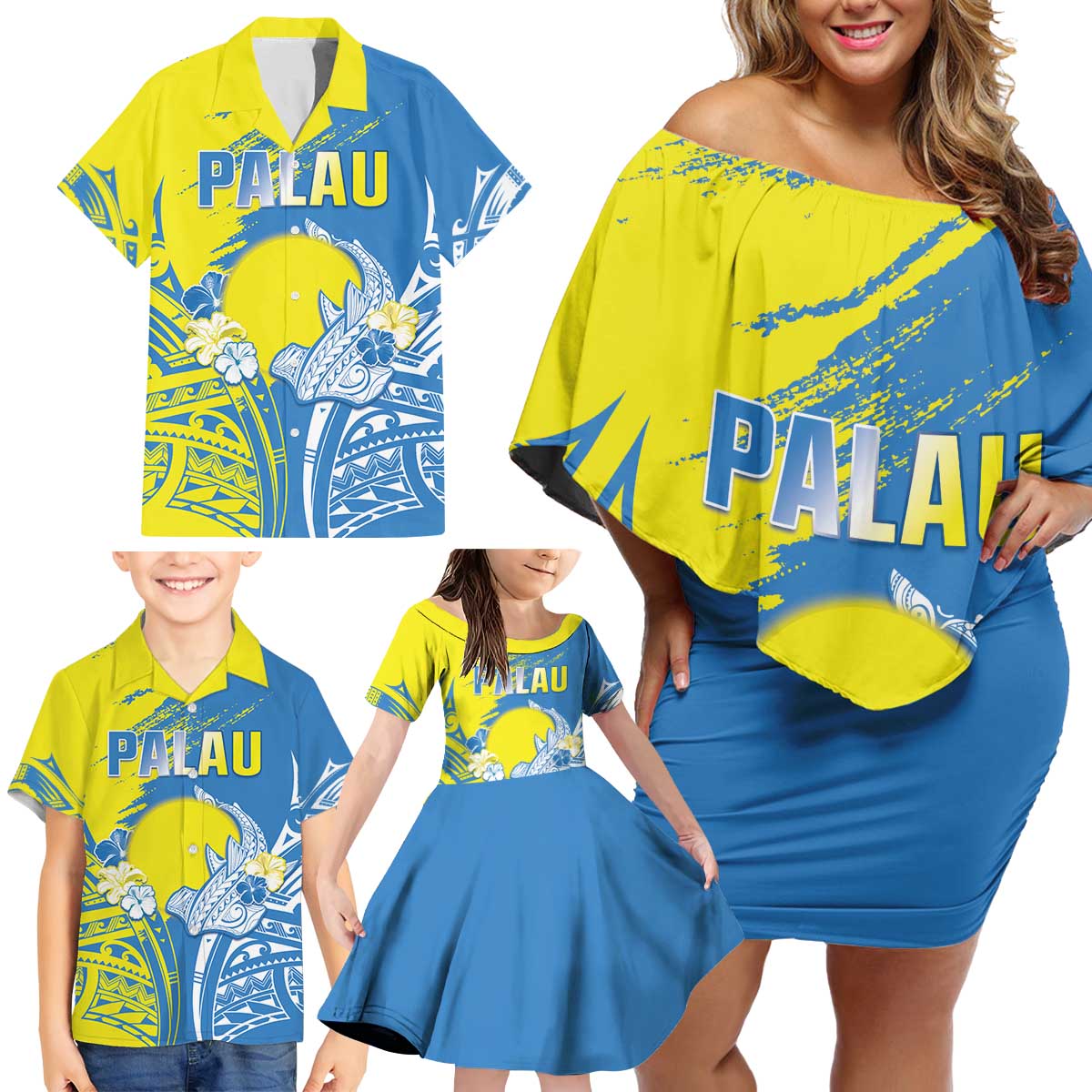 Palau Independence Day Family Matching Off Shoulder Short Dress and Hawaiian Shirt Happy 30th Anniversary LT05 - Polynesian Pride