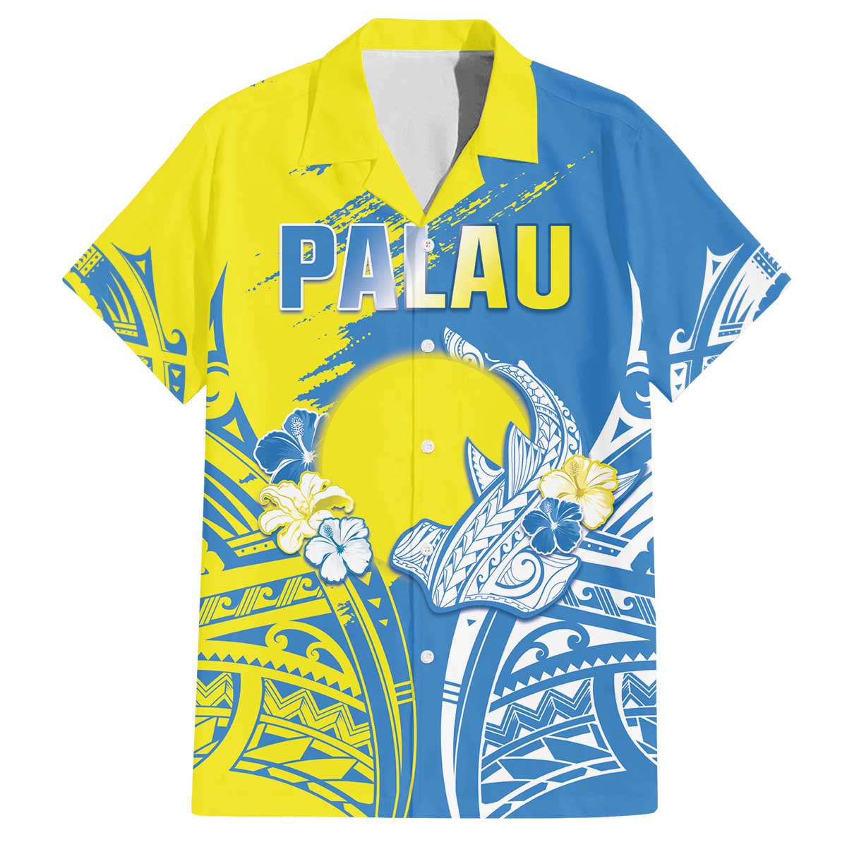 Palau Independence Day Family Matching Off Shoulder Short Dress and Hawaiian Shirt Happy 30th Anniversary LT05 Dad's Shirt - Short Sleeve Blue - Polynesian Pride