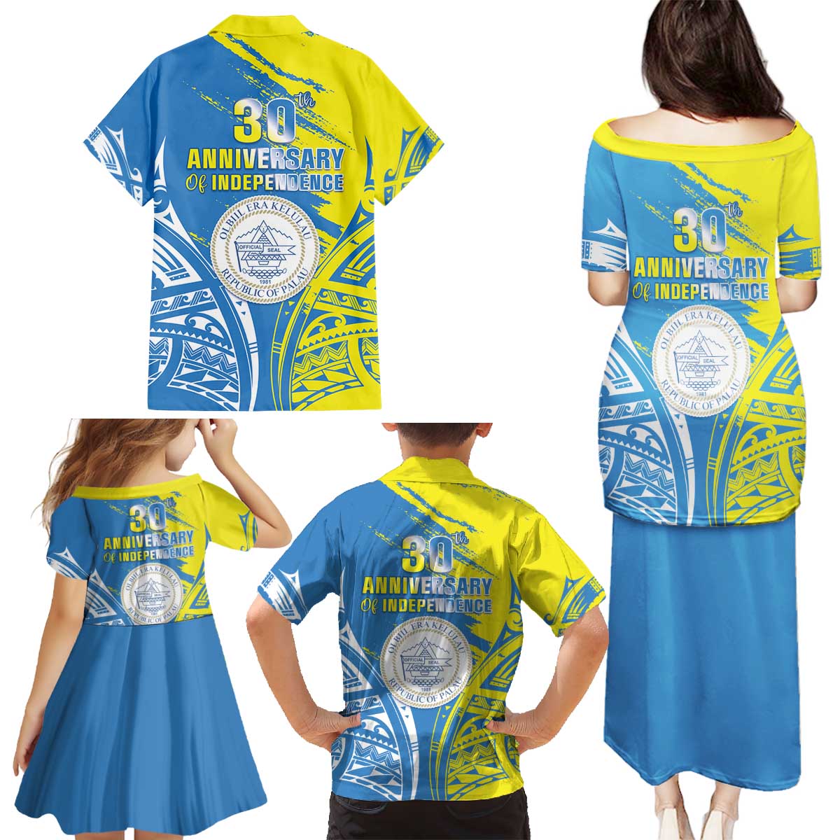 Palau Independence Day Family Matching Puletasi and Hawaiian Shirt Happy 30th Anniversary LT05 - Polynesian Pride
