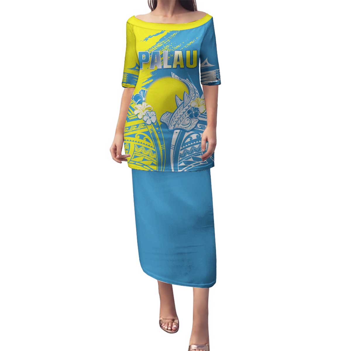 Palau Independence Day Family Matching Puletasi and Hawaiian Shirt Happy 30th Anniversary LT05 Mom's Dress Blue - Polynesian Pride
