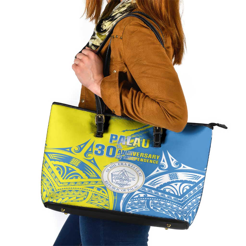 Palau Independence Day Leather Tote Bag Happy 30th Anniversary LT05 Blue - Polynesian Pride