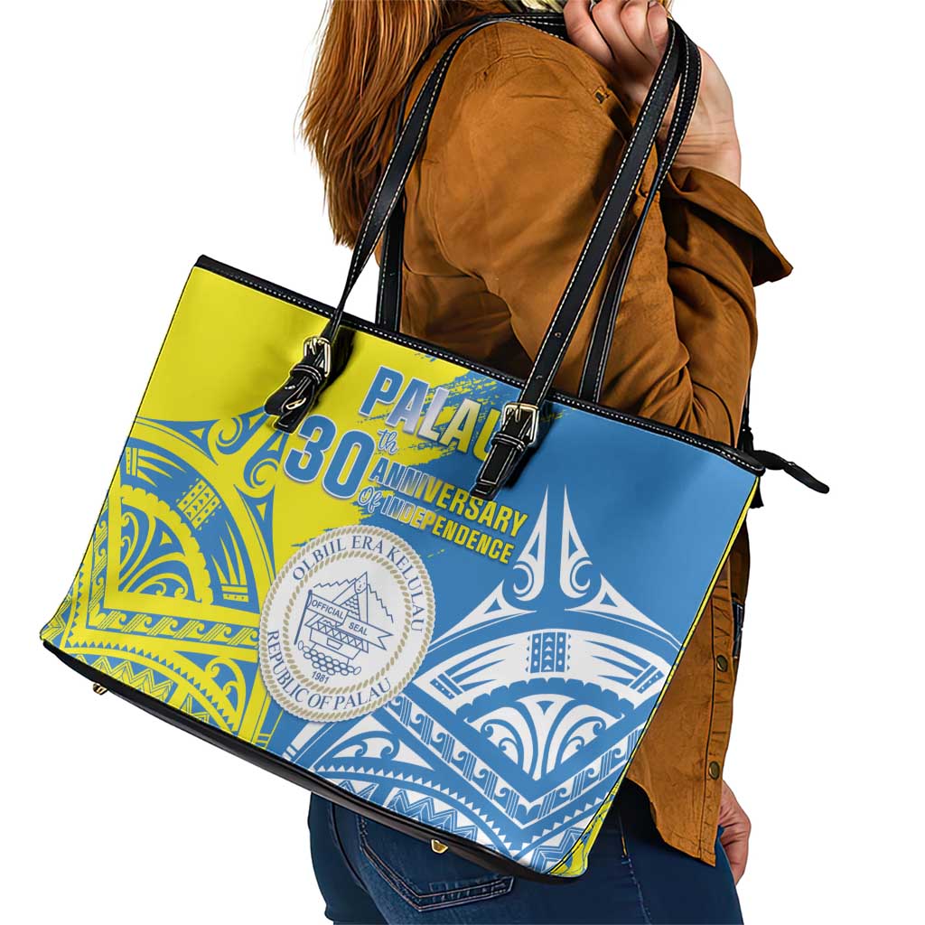 Palau Independence Day Leather Tote Bag Happy 30th Anniversary LT05 - Polynesian Pride
