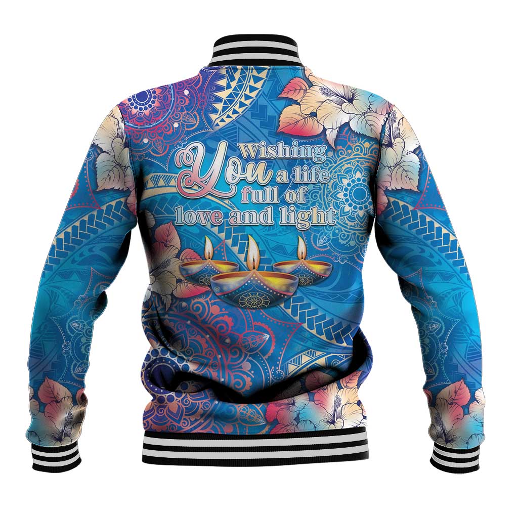 Happy Diwali Festival Baseball Jacket Diya Lamp Rangoli With Polynesian Pattern