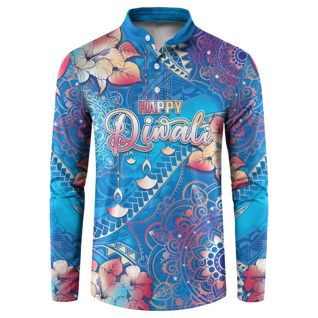 Happy Diwali Festival Button Sweatshirt Diya Lamp Rangoli With Polynesian Pattern