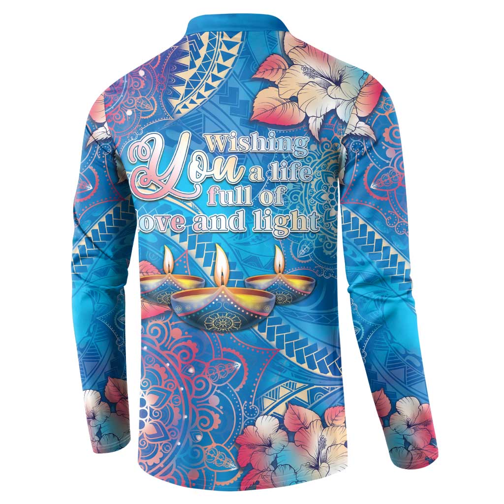 Happy Diwali Festival Button Sweatshirt Diya Lamp Rangoli With Polynesian Pattern