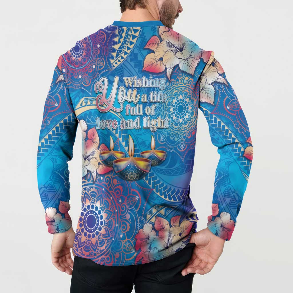 Happy Diwali Festival Button Sweatshirt Diya Lamp Rangoli With Polynesian Pattern