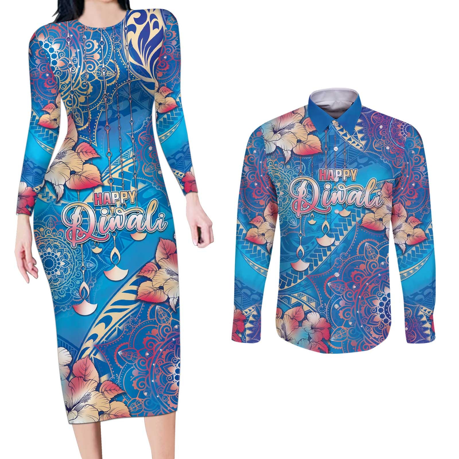 Happy Diwali Festival Couples Matching Long Sleeve Bodycon Dress and Long Sleeve Button Shirt Diya Lamp Rangoli With Polynesian Pattern