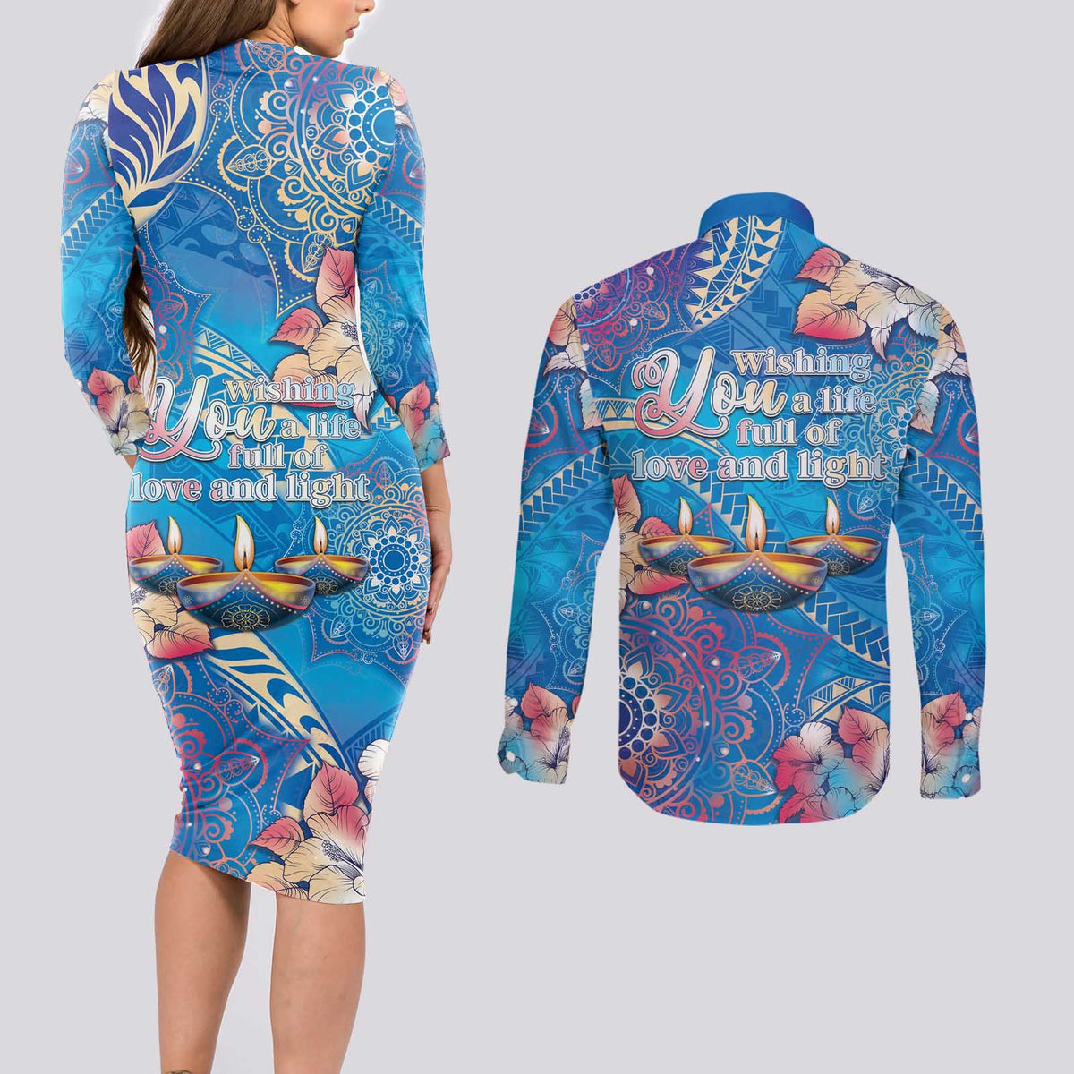 Happy Diwali Festival Couples Matching Long Sleeve Bodycon Dress and Long Sleeve Button Shirt Diya Lamp Rangoli With Polynesian Pattern