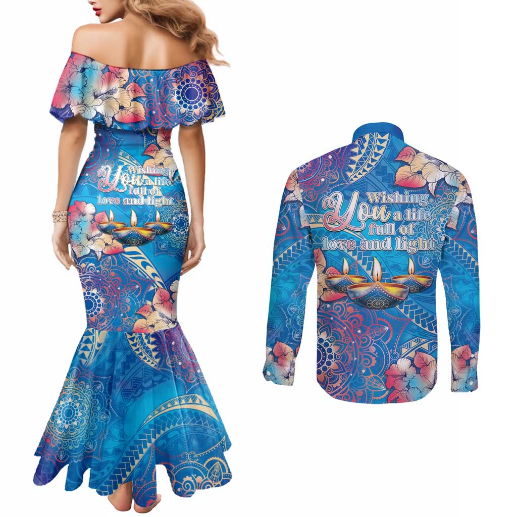 Happy Diwali Festival Couples Matching Mermaid Dress and Long Sleeve Button Shirt Diya Lamp Rangoli With Polynesian Pattern