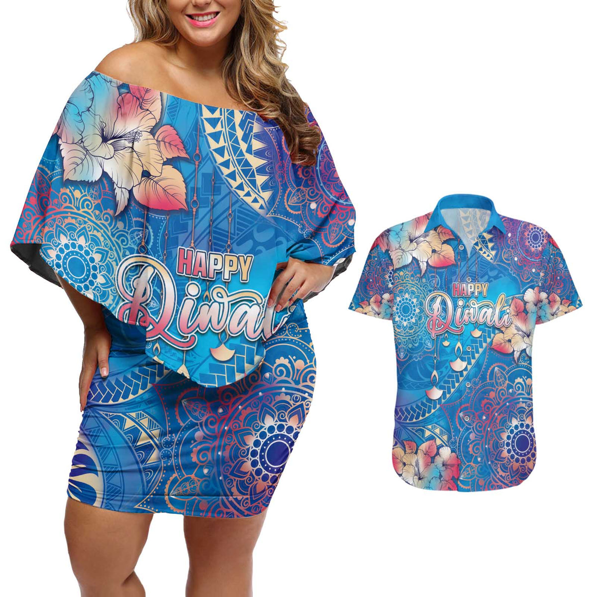 Happy Diwali Festival Couples Matching Off Shoulder Short Dress and Hawaiian Shirt Diya Lamp Rangoli With Polynesian Pattern