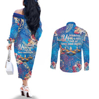 Happy Diwali Festival Couples Matching Off The Shoulder Long Sleeve Dress and Long Sleeve Button Shirt Diya Lamp Rangoli With Polynesian Pattern