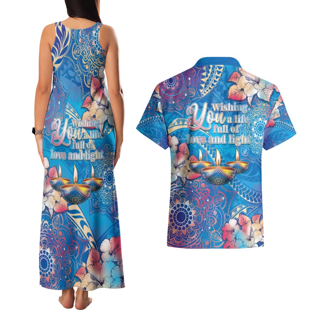 Happy Diwali Festival Couples Matching Tank Maxi Dress and Hawaiian Shirt Diya Lamp Rangoli With Polynesian Pattern