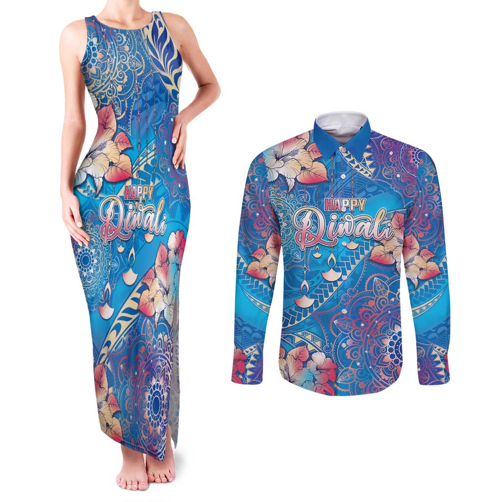 Happy Diwali Festival Couples Matching Tank Maxi Dress and Long Sleeve Button Shirt Diya Lamp Rangoli With Polynesian Pattern