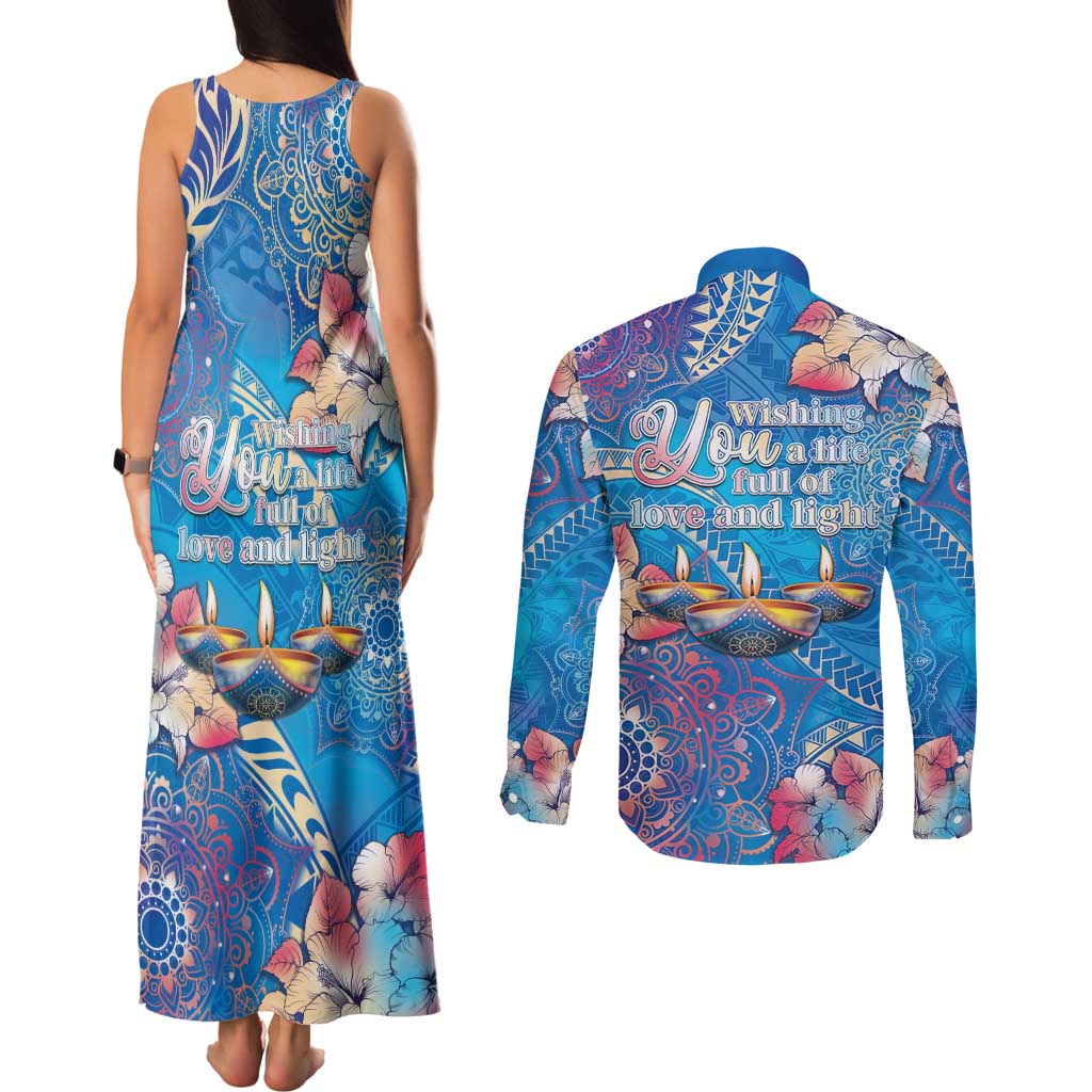 Happy Diwali Festival Couples Matching Tank Maxi Dress and Long Sleeve Button Shirt Diya Lamp Rangoli With Polynesian Pattern
