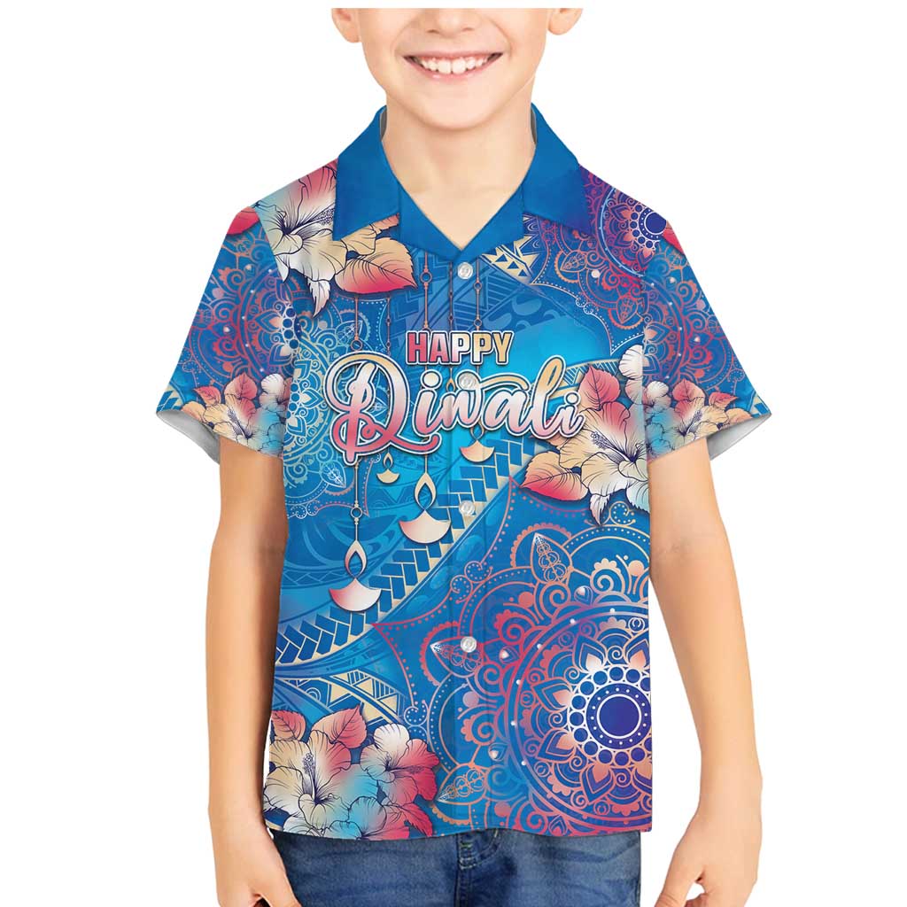 Happy Diwali Festival Family Matching Mermaid Dress and Hawaiian Shirt Diya Lamp Rangoli With Polynesian Pattern LT05 Son's Shirt Blue - Polynesian Pride