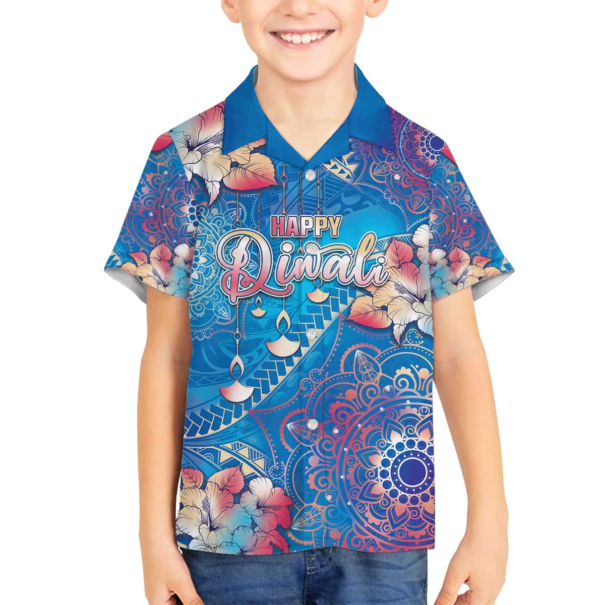 Happy Diwali Festival Family Matching Puletasi and Hawaiian Shirt Diya Lamp Rangoli With Polynesian Pattern