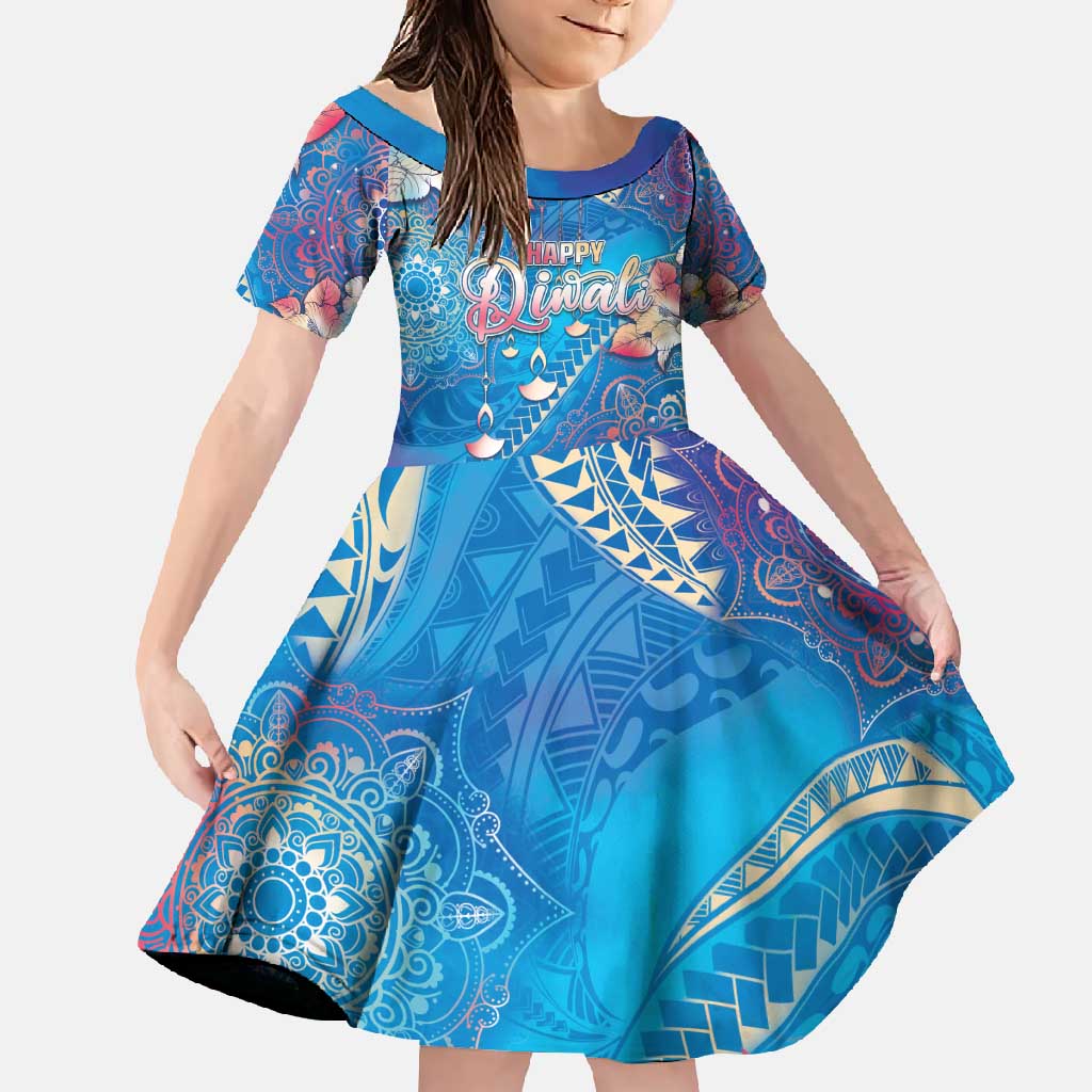 Happy Diwali Festival Family Matching Short Sleeve Bodycon Dress and Hawaiian Shirt Diya Lamp Rangoli With Polynesian Pattern LT05 Daughter's Dress Blue - Polynesian Pride