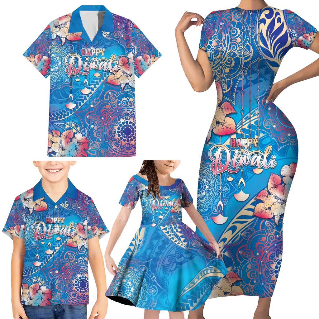 Happy Diwali Festival Family Matching Short Sleeve Bodycon Dress and Hawaiian Shirt Diya Lamp Rangoli With Polynesian Pattern LT05 - Polynesian Pride