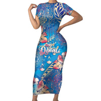 Happy Diwali Festival Family Matching Short Sleeve Bodycon Dress and Hawaiian Shirt Diya Lamp Rangoli With Polynesian Pattern LT05 Mom's Dress Blue - Polynesian Pride