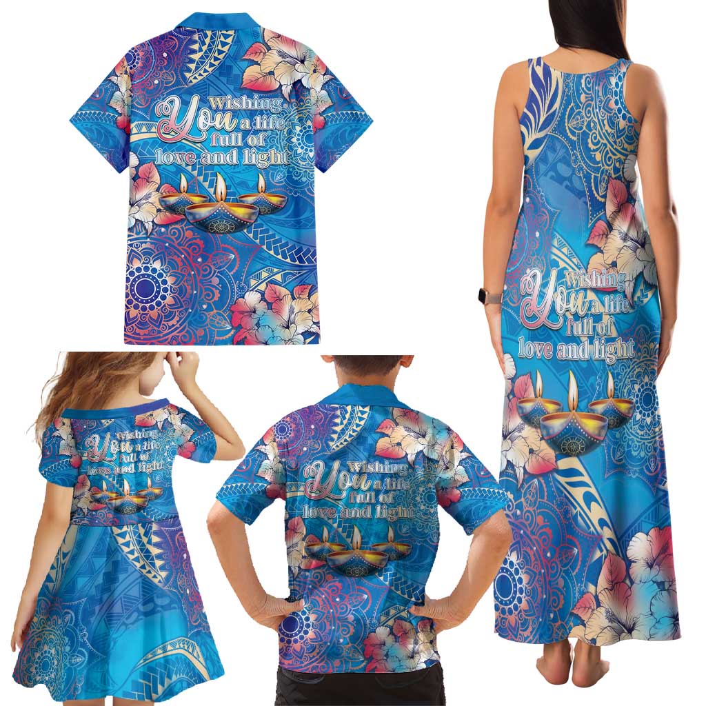 Happy Diwali Festival Family Matching Tank Maxi Dress and Hawaiian Shirt Diya Lamp Rangoli With Polynesian Pattern