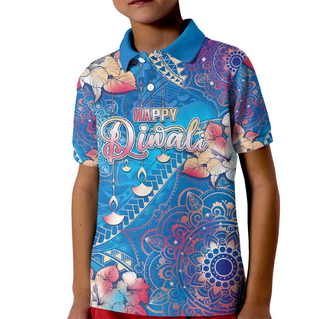 Happy Diwali Festival Kid Polo Shirt Diya Lamp Rangoli With Polynesian Pattern LT05 Kid Blue - Polynesian Pride