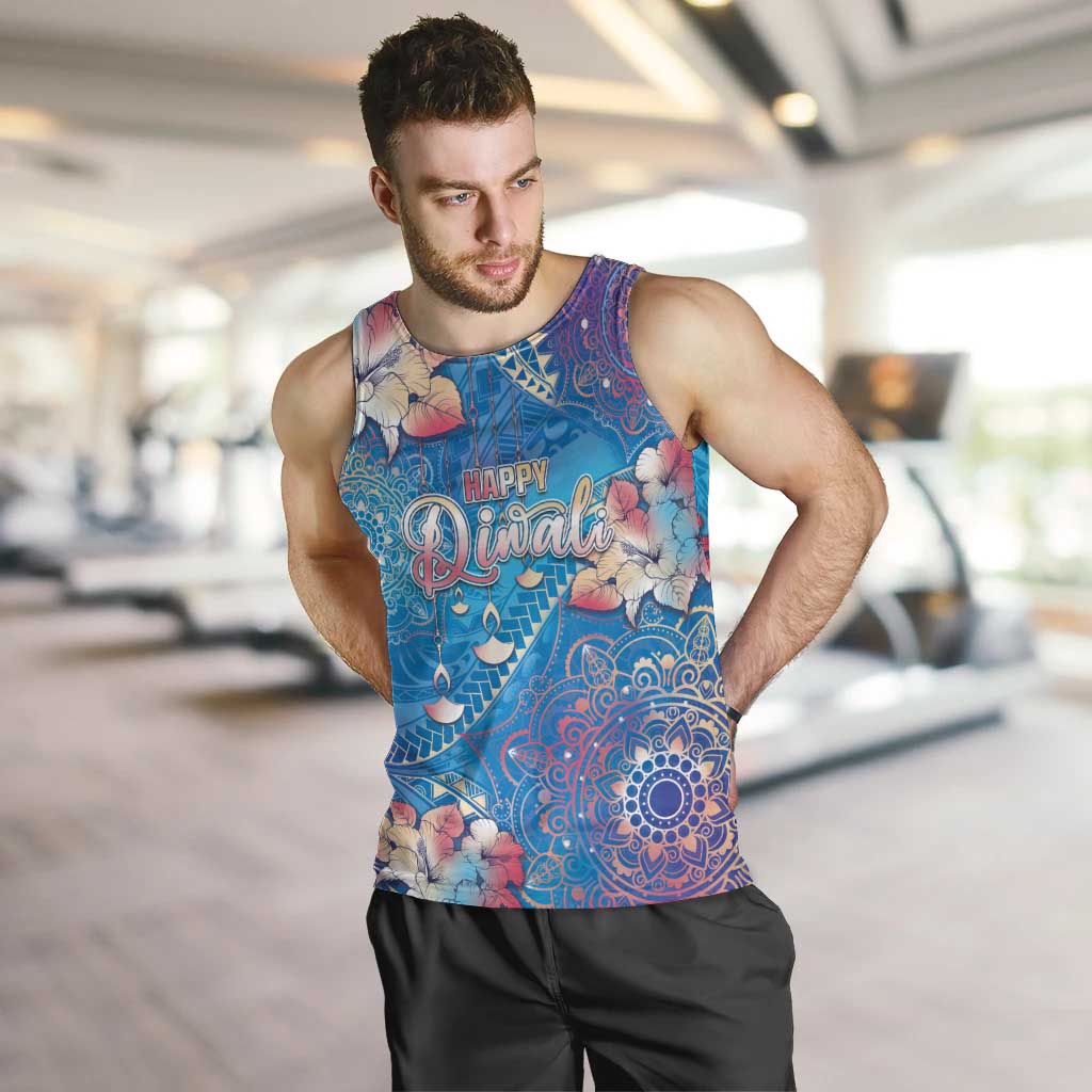 Happy Diwali Festival Men Tank Top Diya Lamp Rangoli With Polynesian Pattern