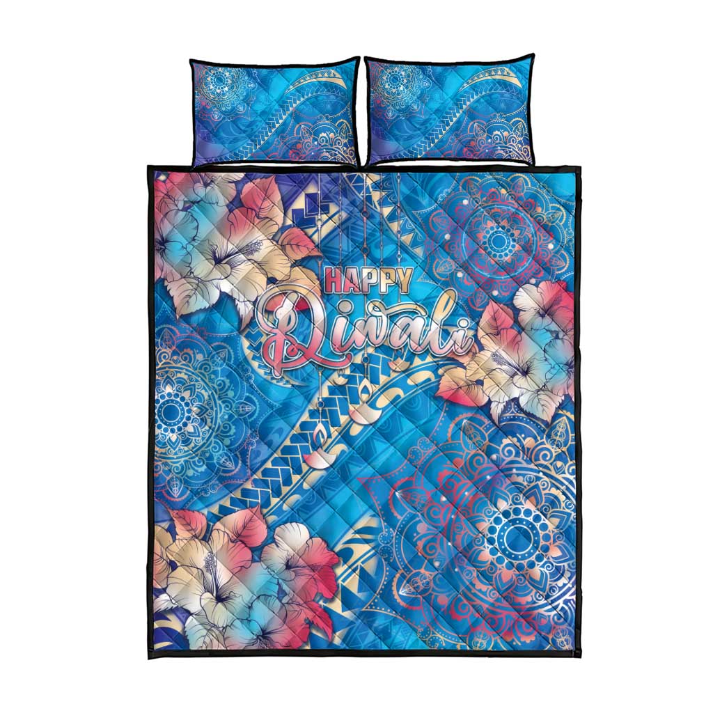 Happy Diwali Festival Quilt Bed Set Diya Lamp Rangoli With Polynesian Pattern