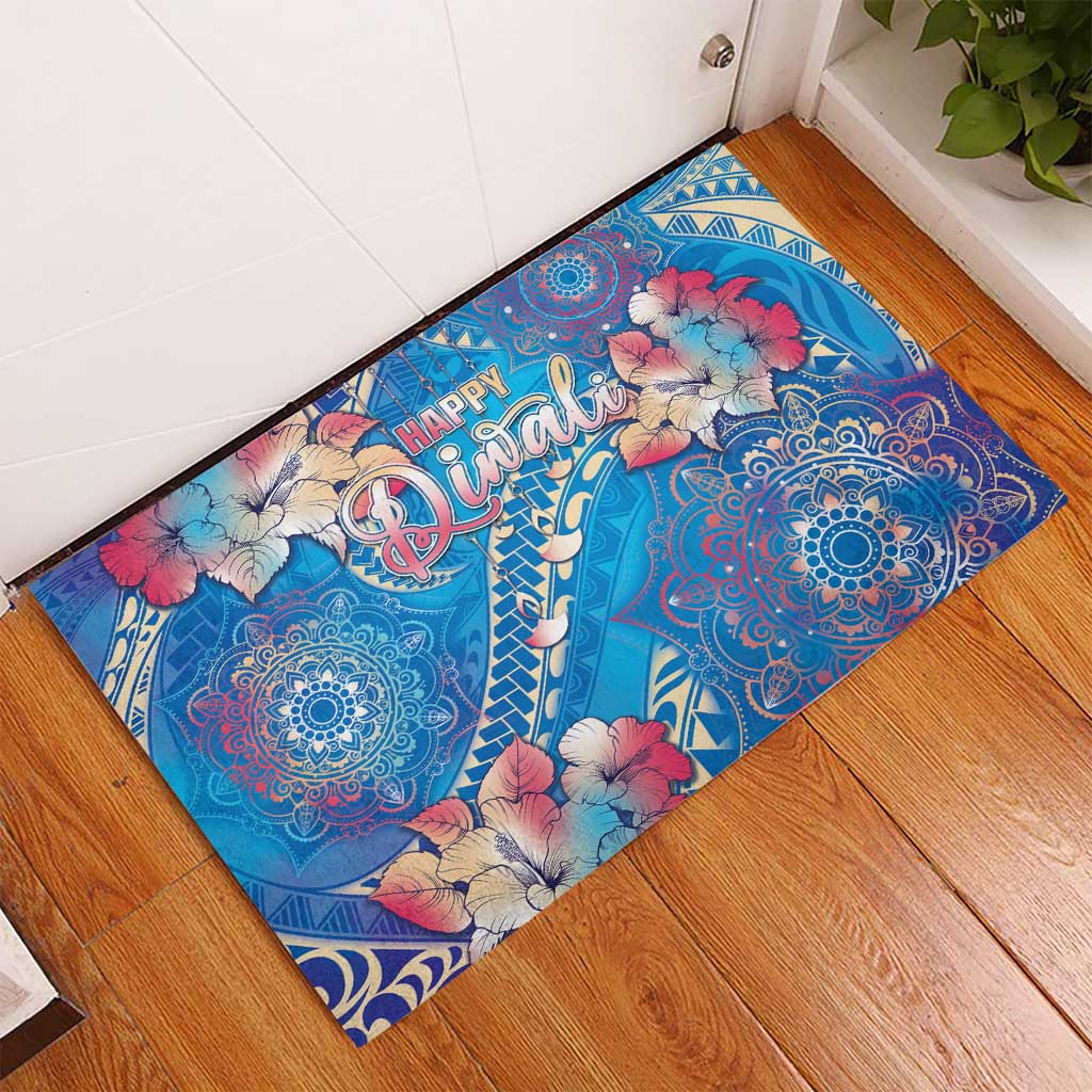 Happy Diwali Festival Rubber Doormat Diya Lamp Rangoli With Polynesian Pattern