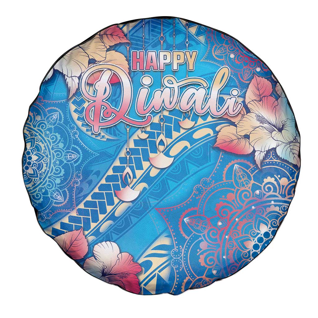 Happy Diwali Festival Spare Tire Cover Diya Lamp Rangoli With Polynesian Pattern