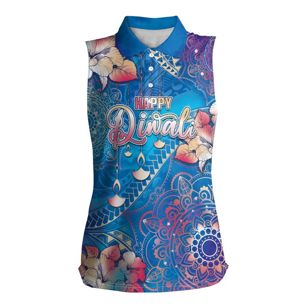 Happy Diwali Festival Women Sleeveless Polo Shirt Diya Lamp Rangoli With Polynesian Pattern LT05 Female Blue - Polynesian Pride