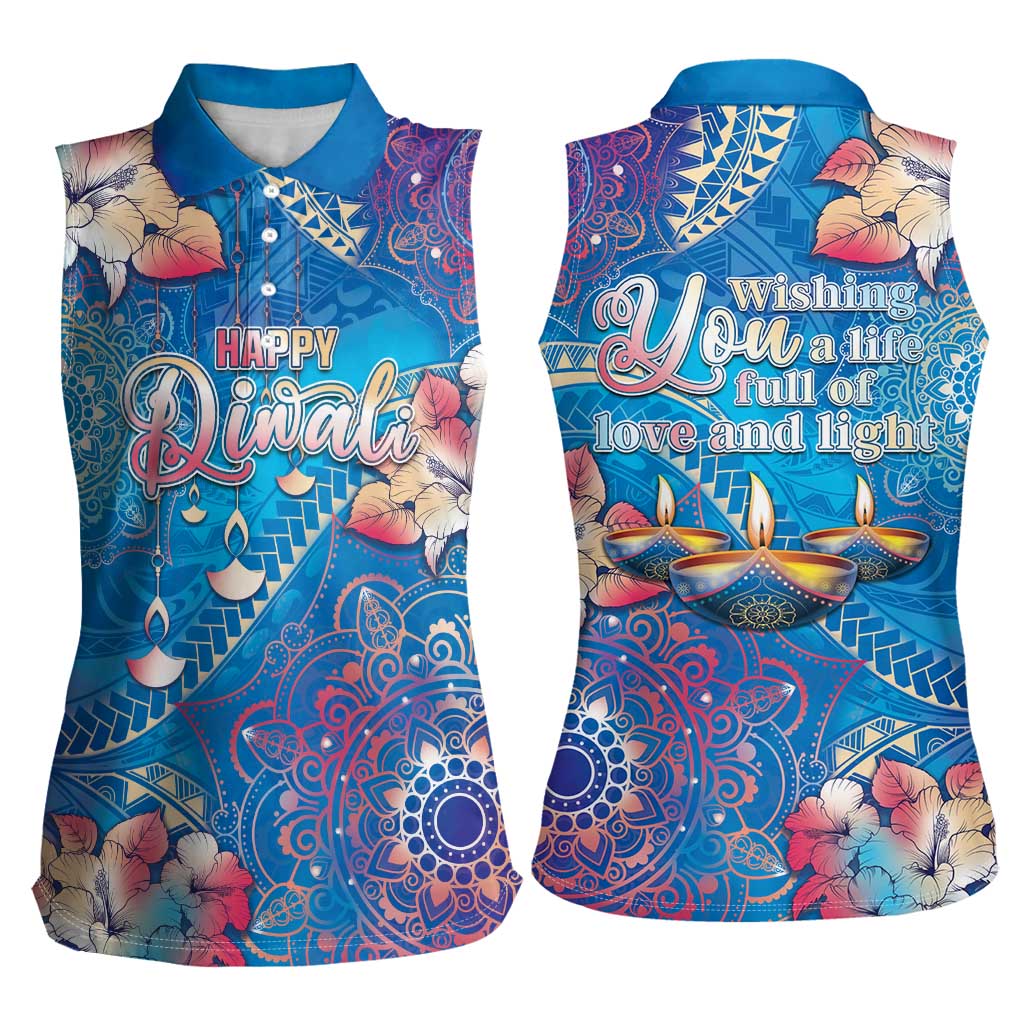 Happy Diwali Festival Women Sleeveless Polo Shirt Diya Lamp Rangoli With Polynesian Pattern LT05 - Polynesian Pride