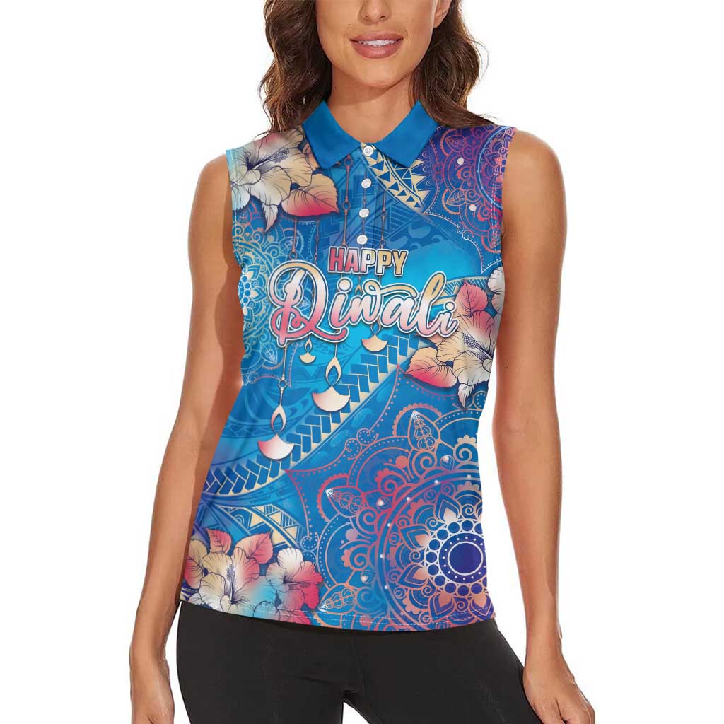 Happy Diwali Festival Women Sleeveless Polo Shirt Diya Lamp Rangoli With Polynesian Pattern LT05 - Polynesian Pride