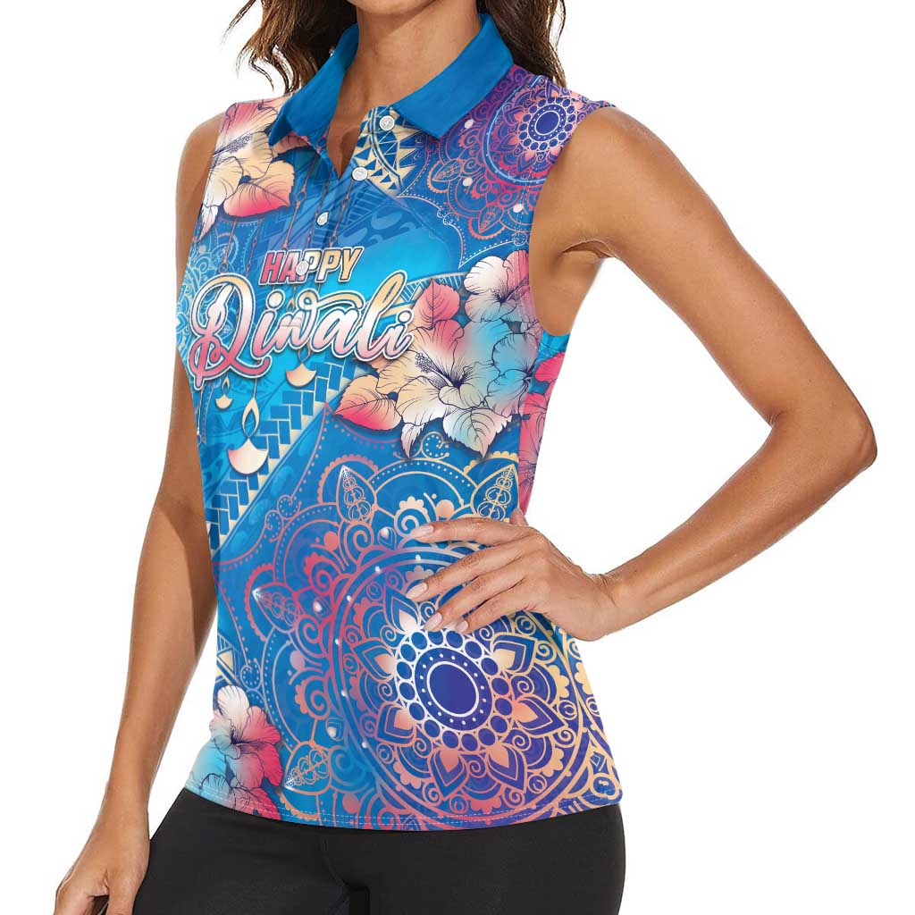 Happy Diwali Festival Women Sleeveless Polo Shirt Diya Lamp Rangoli With Polynesian Pattern LT05 - Polynesian Pride